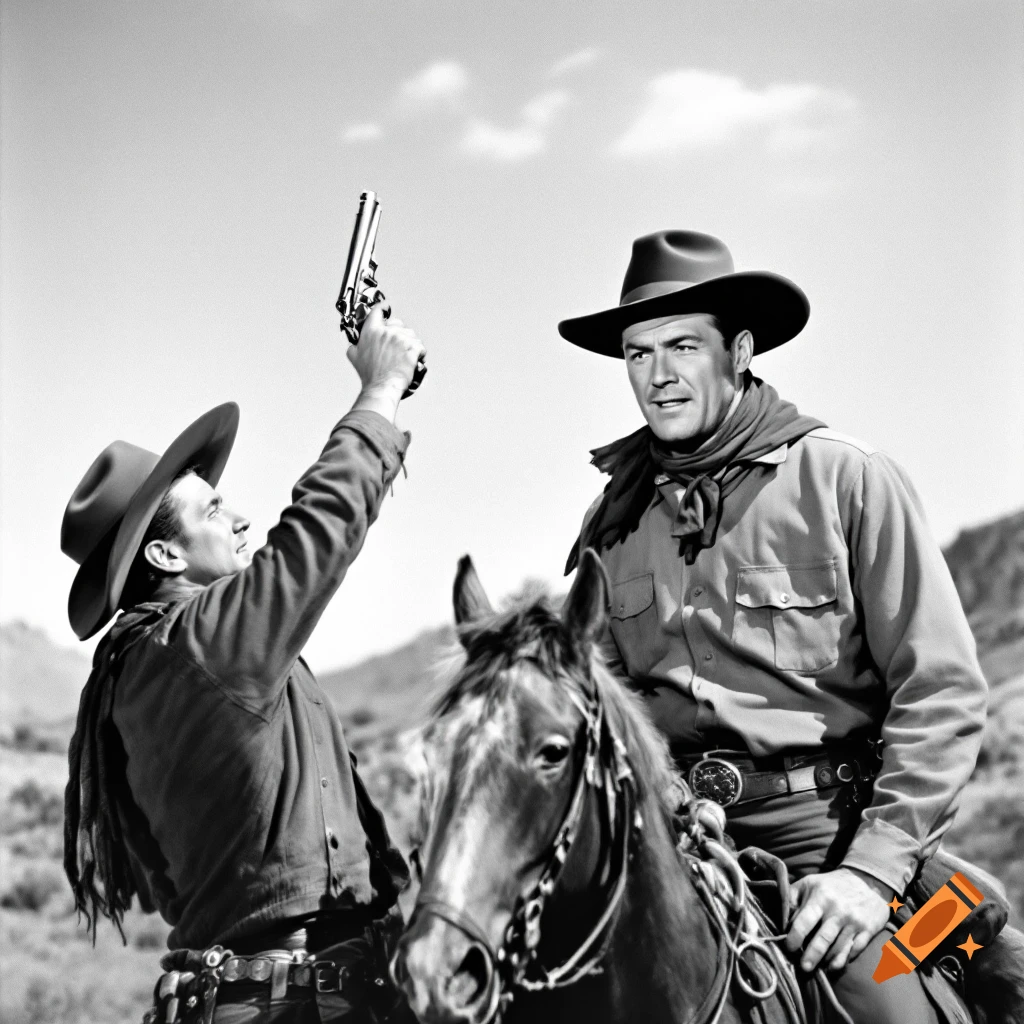 Black and white photo of two cowboys, one on a horse, the other holding a gun in the air.
