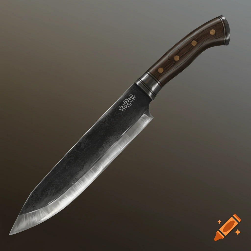 A knife with a dark blade and wooden handle on a dark background.