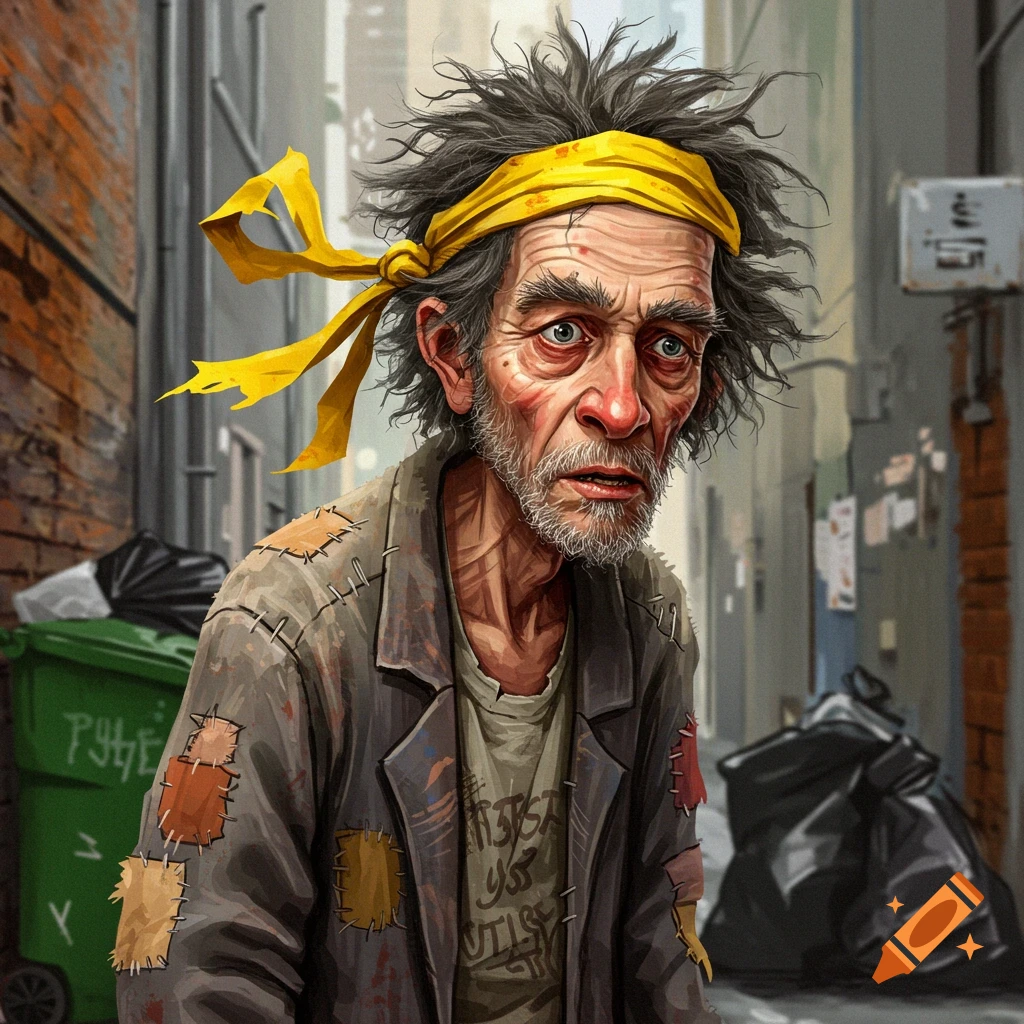 A disheveled old man with a beard and yellow headband in an alley with trash.