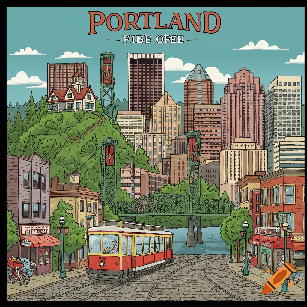 Cartoon drawing of a city street with a trolley, storefronts, bridge, and skyline in Portland, Oregon.
