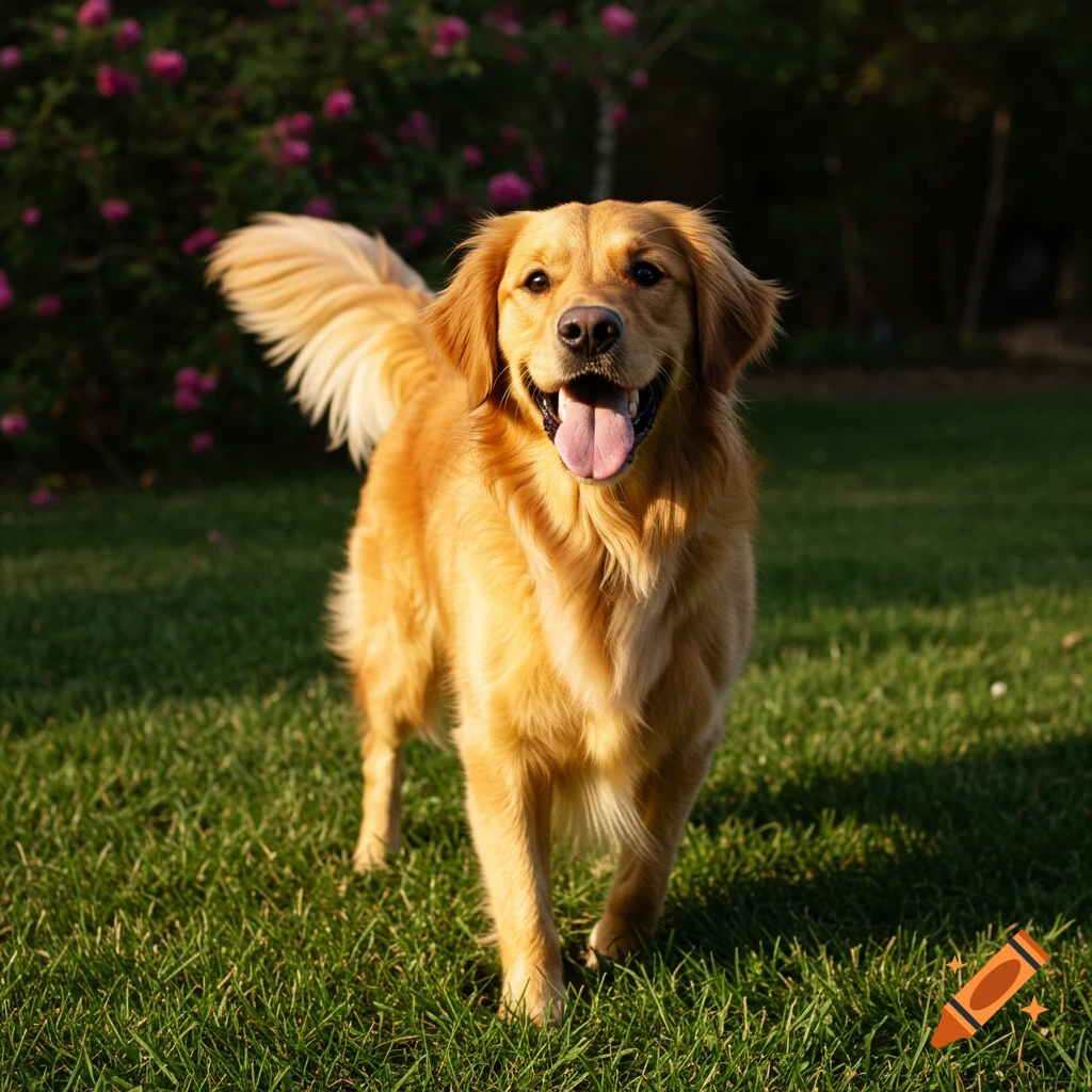 A happy Golden Retriever dog stands in sunny green grass with its tongue out and tail wagging.