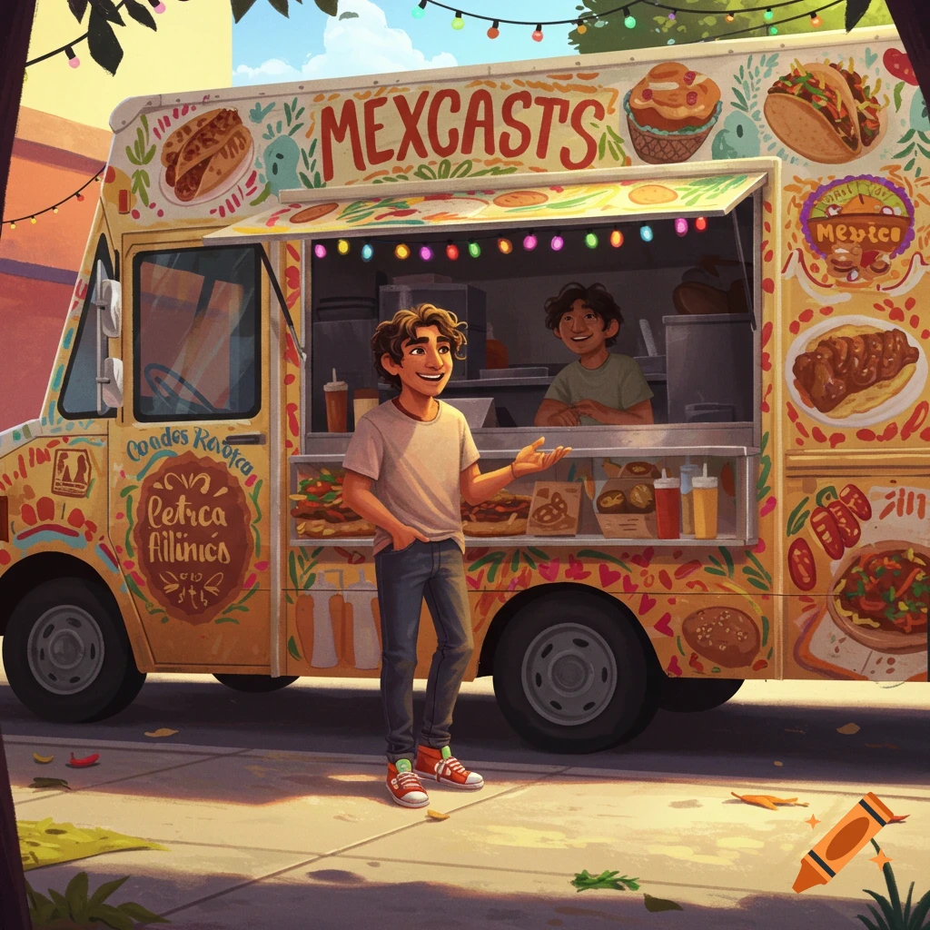 People are gathered around a brightly decorated food truck.