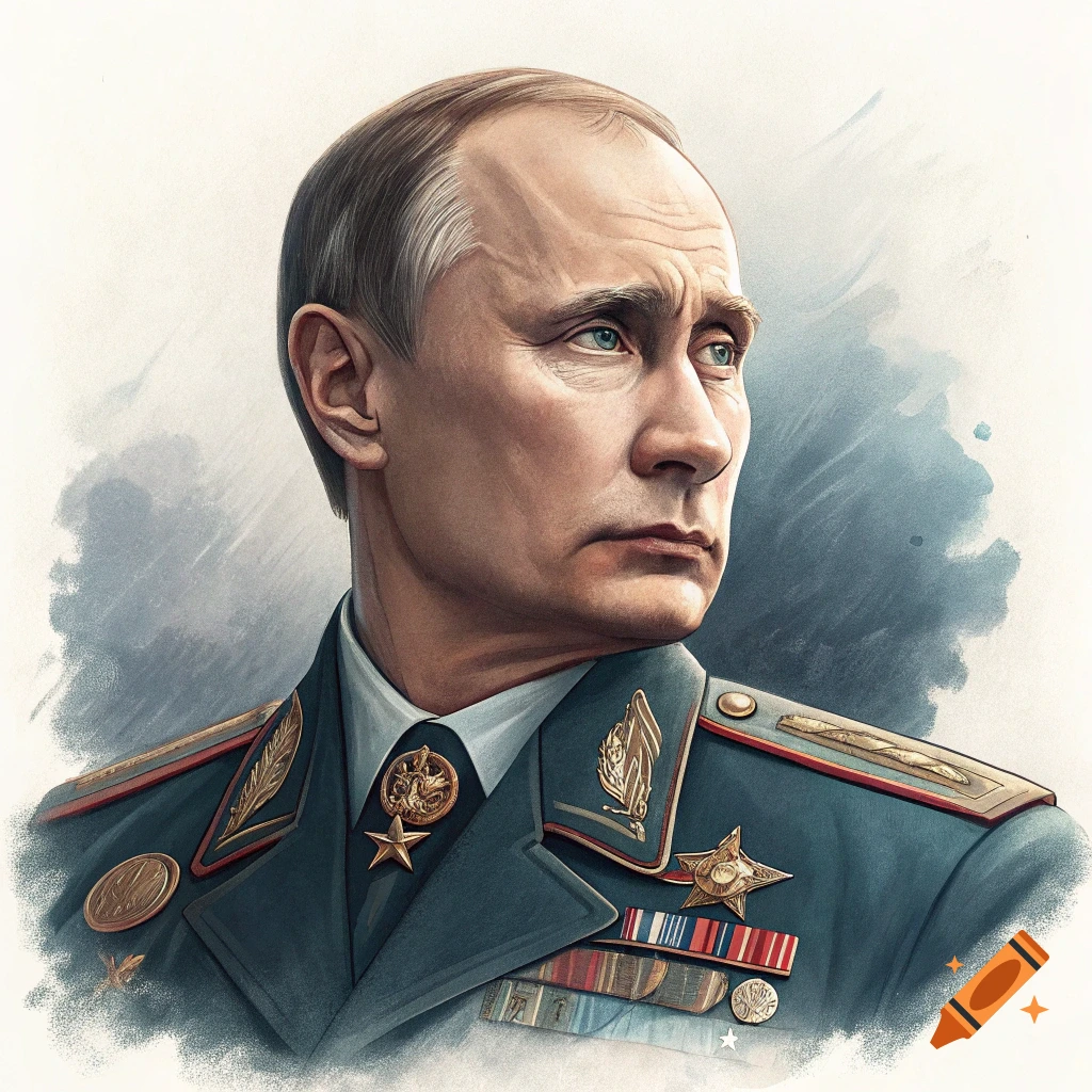 Watercolor portrait of Vladimir Putin in a military uniform