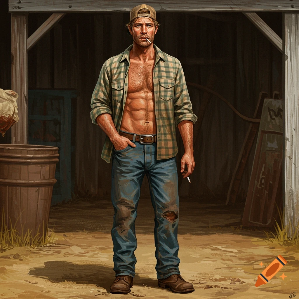 A rugged man in an open plaid shirt and baseball cap is standing in a barn.