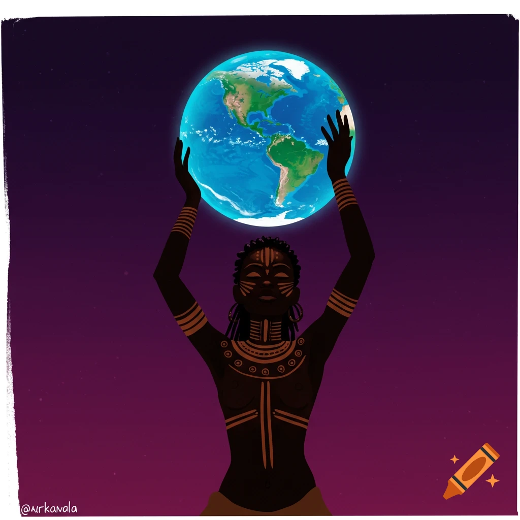 Stylized African silhouette woman holding glowing Earth.