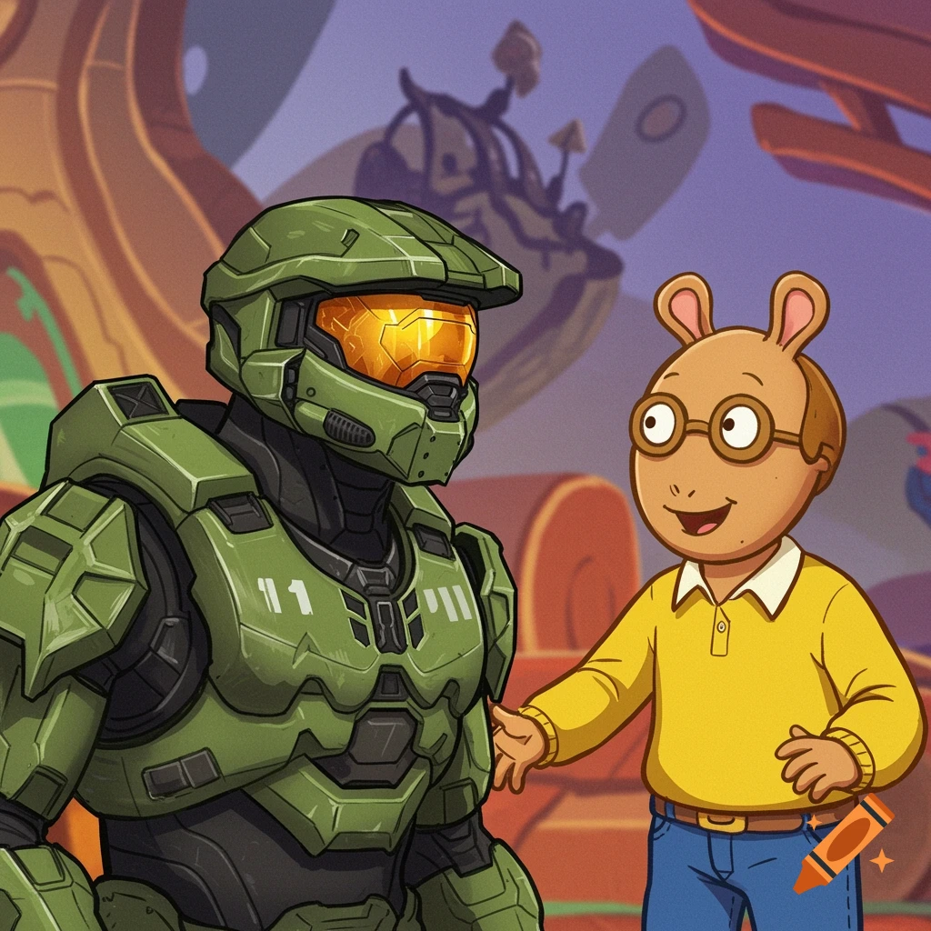 Master Chief and Arthur Read stand side-by-side in a vibrant cartoon style.