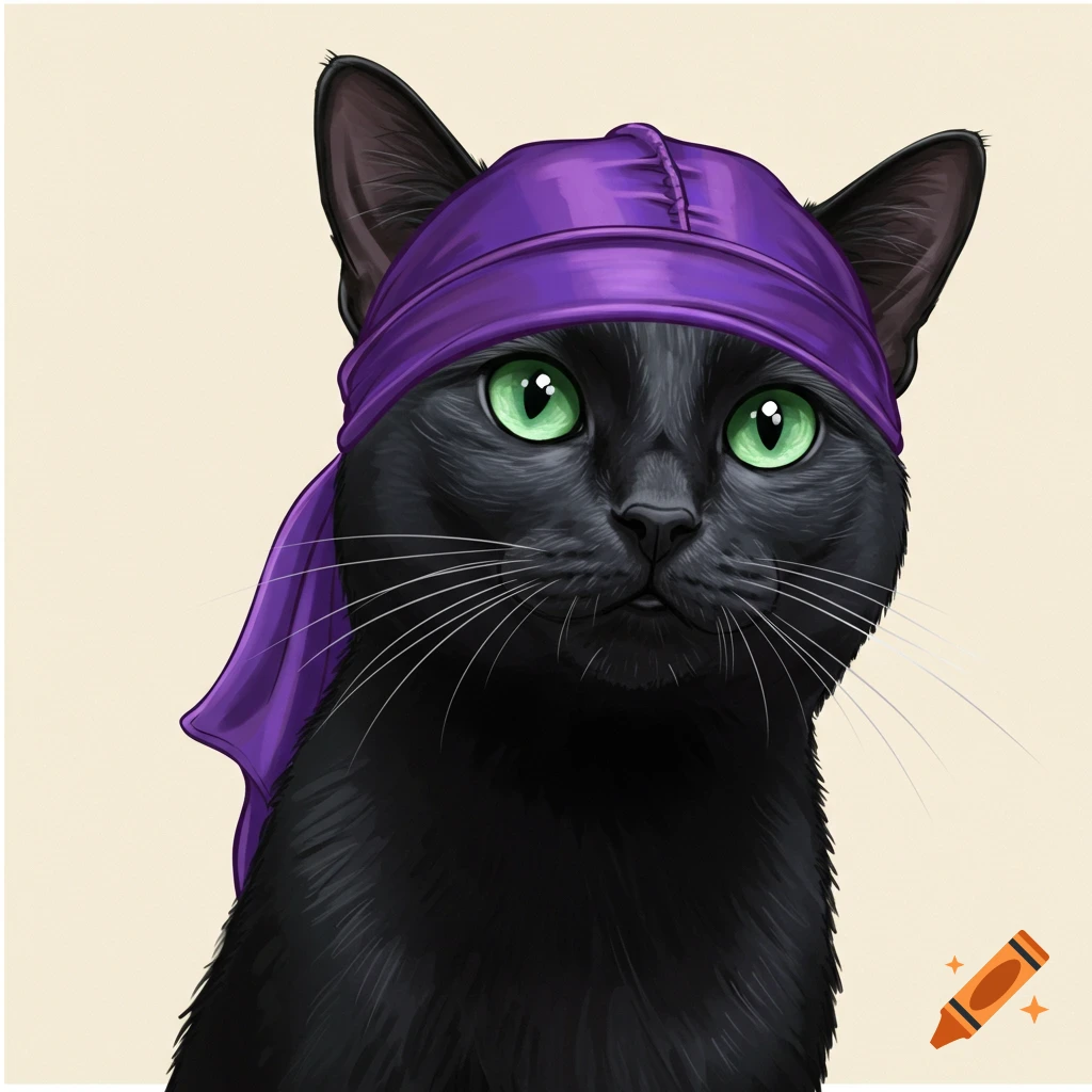 A black cat with bright green eyes wears a purple durag.