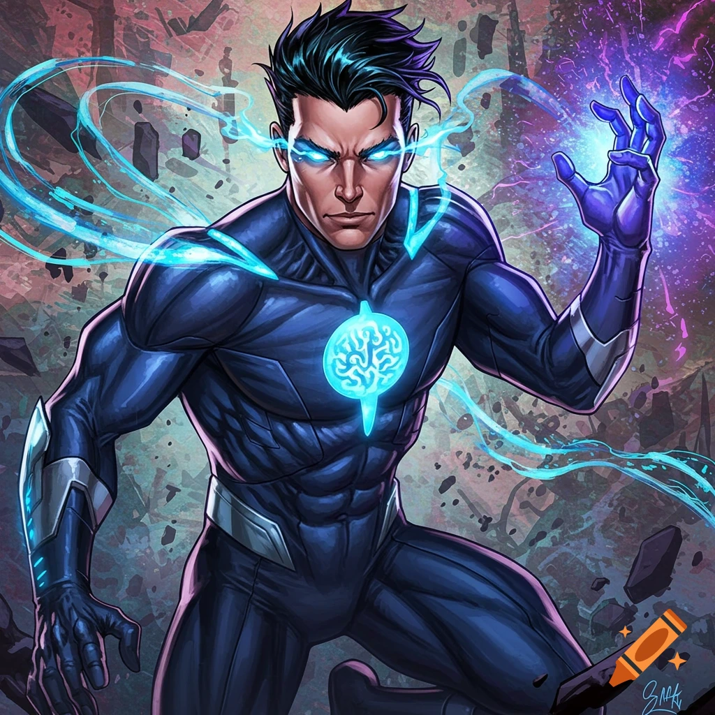 A male superhero in a blue suit with glowing eyes and electric powers.