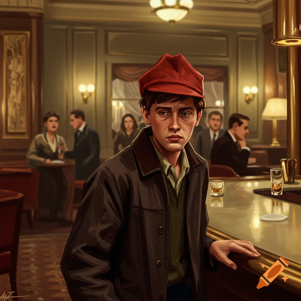 A young man in a red cap sits at a bar.