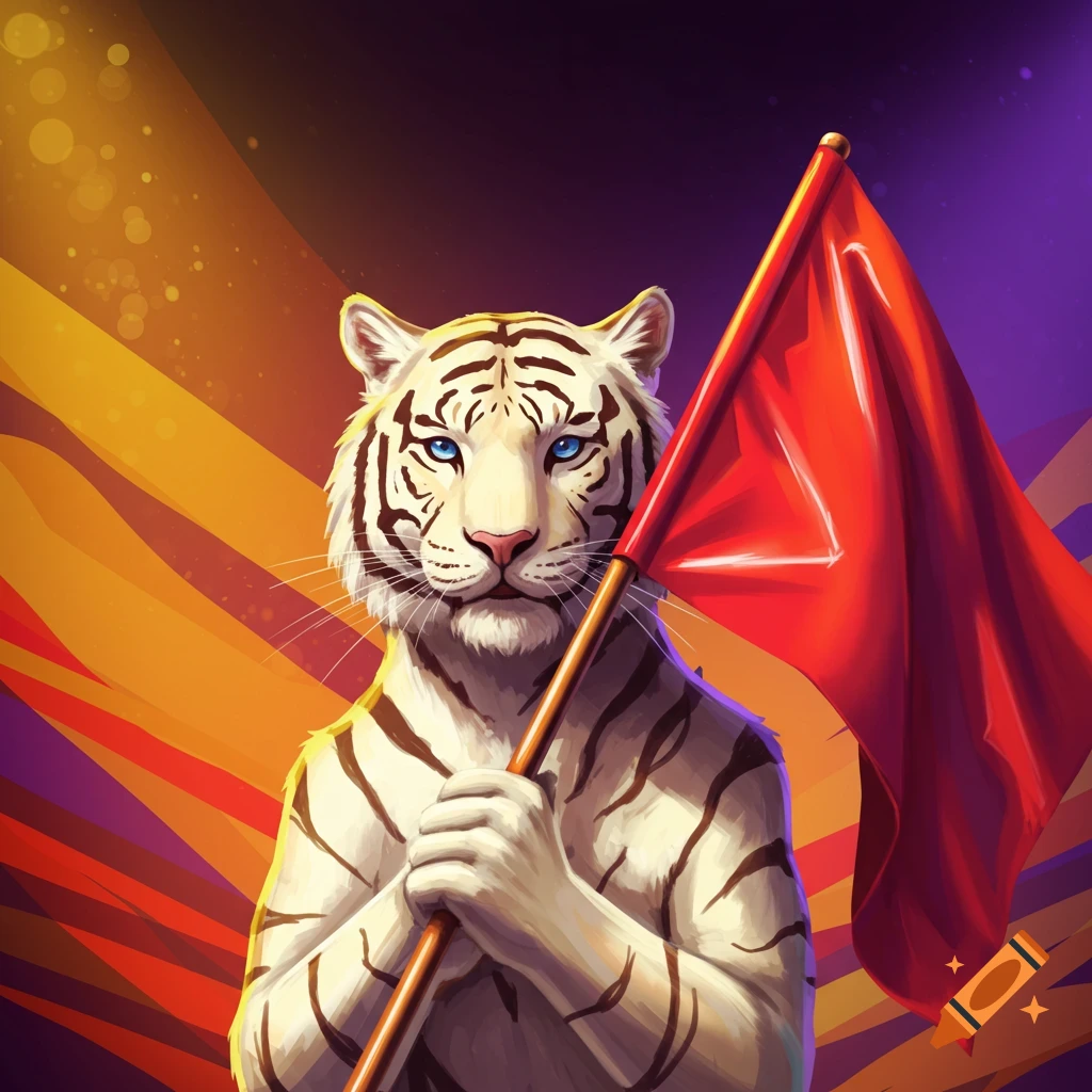 A white tiger holds a red flag against a colorful background.