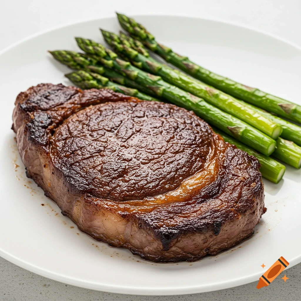 Close-up photo of a pan-seared ribeye steak with asparagus on a white plate.