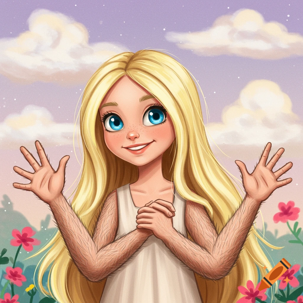 A smiling blonde girl with hairy arms raises her hands in a flower field.