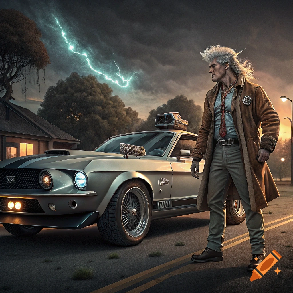 Man with spiky white hair and brown coat next to a silver classic car under a stormy sky with lightning.