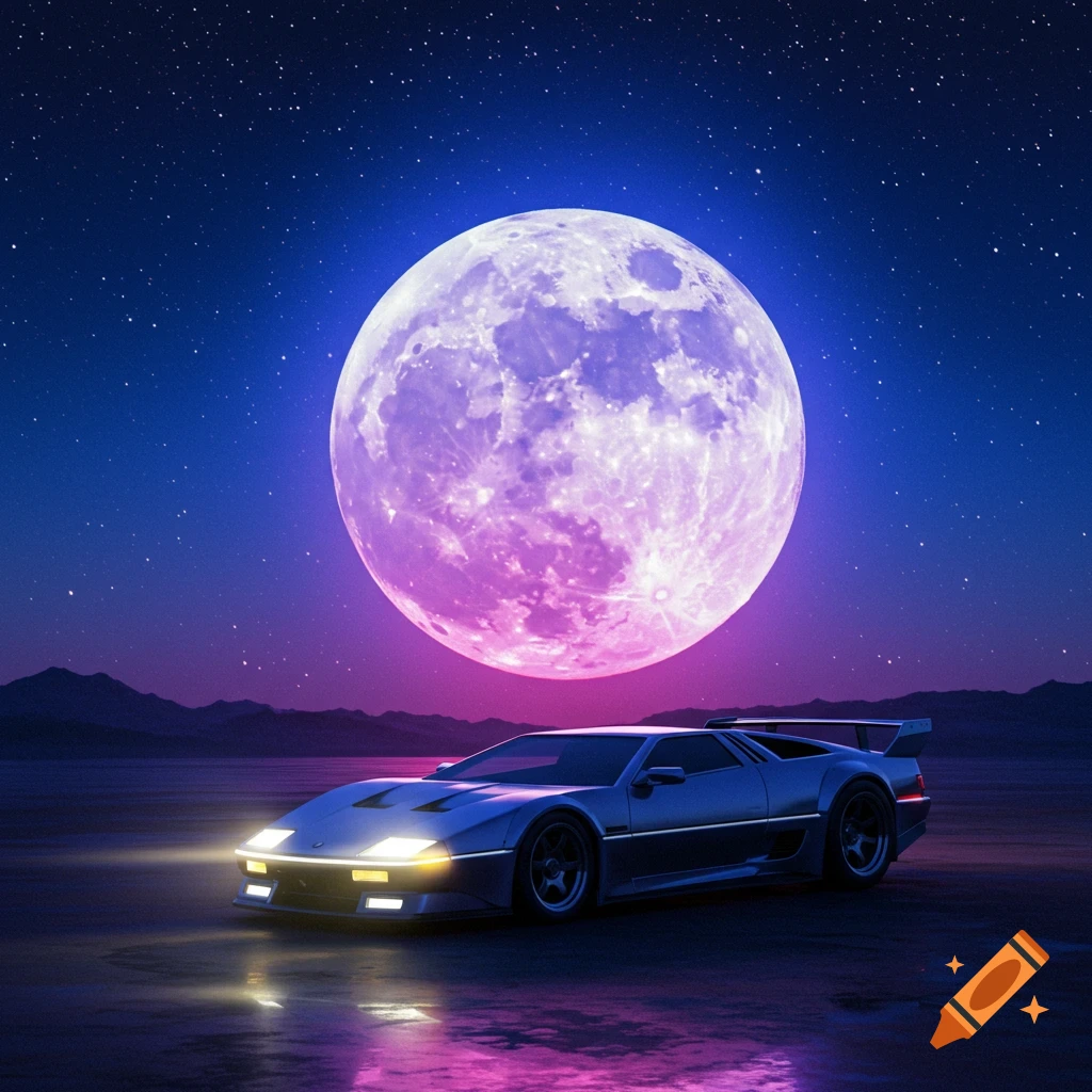 A sleek car parked under a giant purple moon and starry sky with distant mountains.