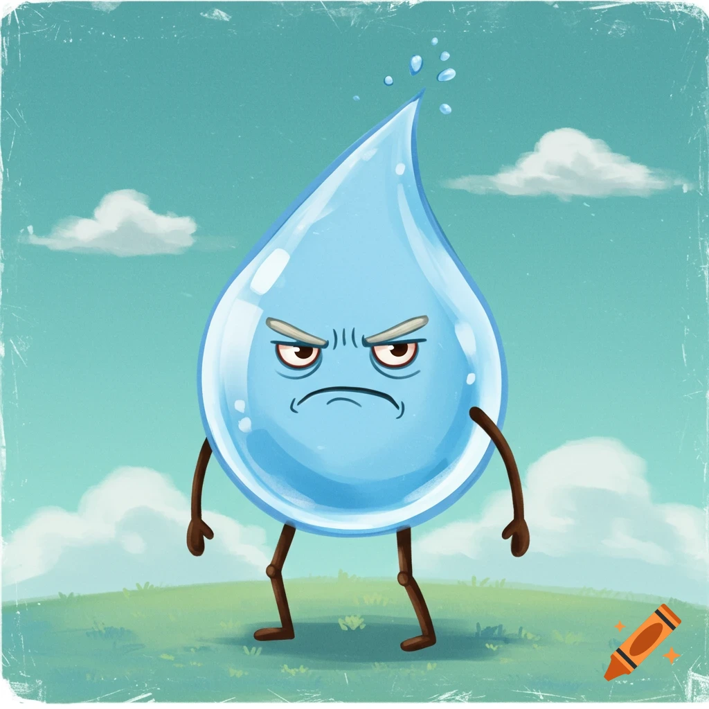 Grumpy cartoon water drop with stick limbs standing on a grassy hill.