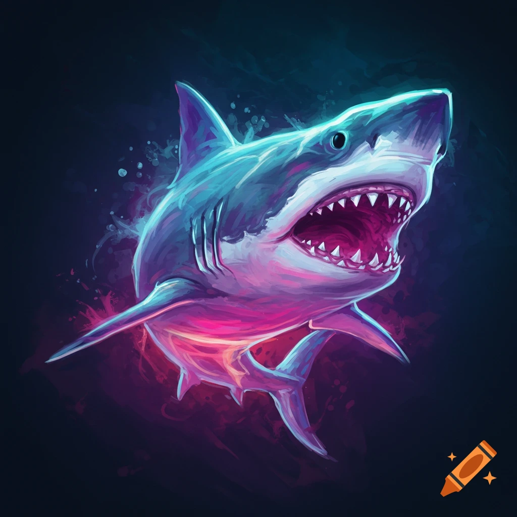 Shark swimming with glowing pink and blue highlights against a dark background.