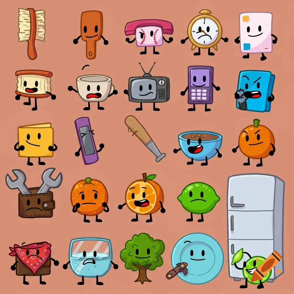 A collection of anthropomorphic object characters in a cartoon style on an orange background.