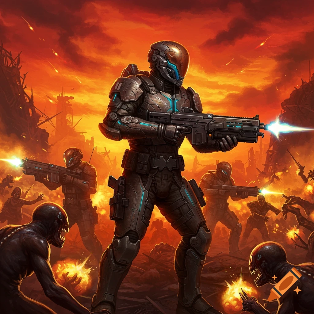 Soldiers in armored suits battling alien creatures in a destroyed city under a fiery sky.