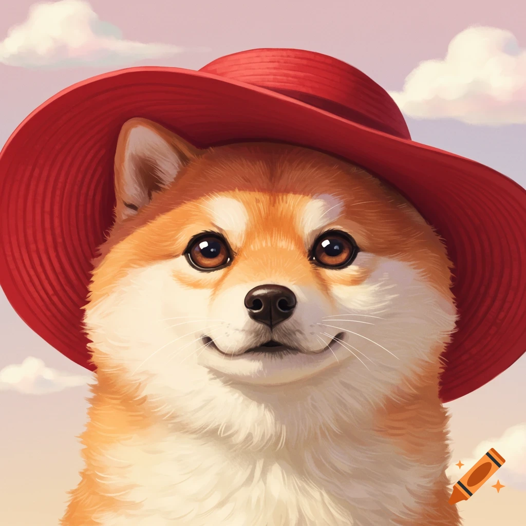 A cute Shiba Inu dog wearing a red hat.