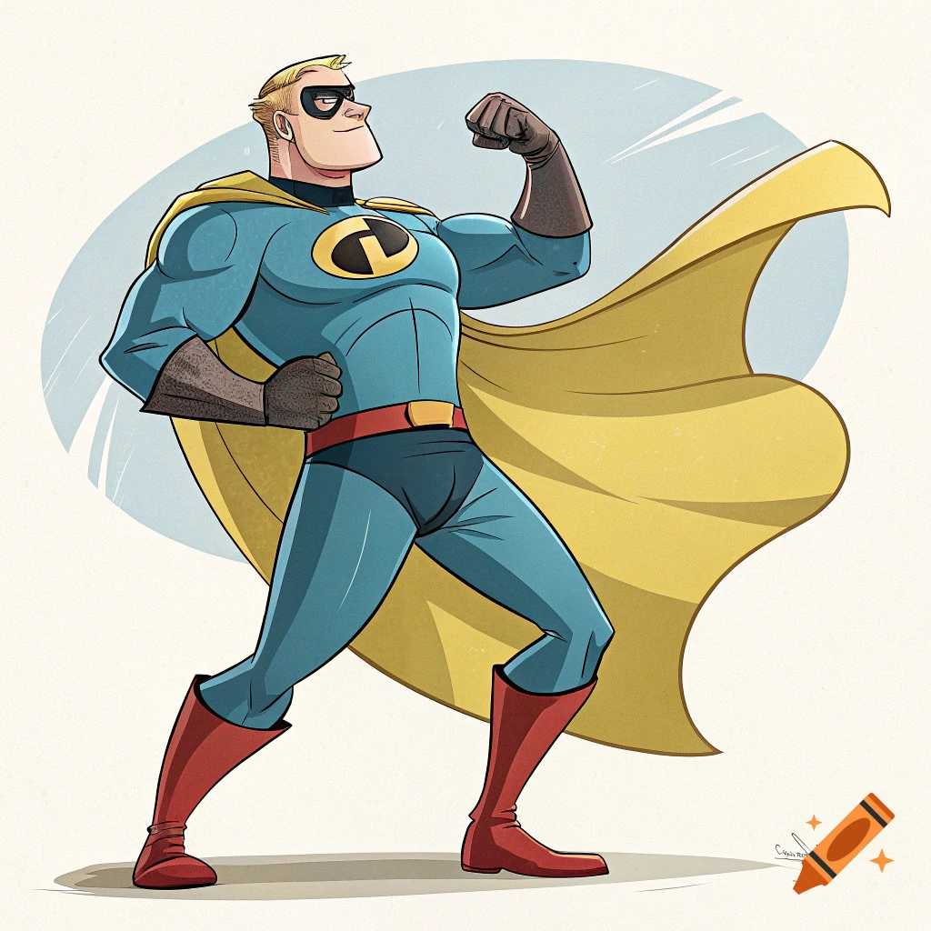 A cartoon illustration of a muscular superhero in a blue suit, red boots, and yellow cape flexing his bicep.