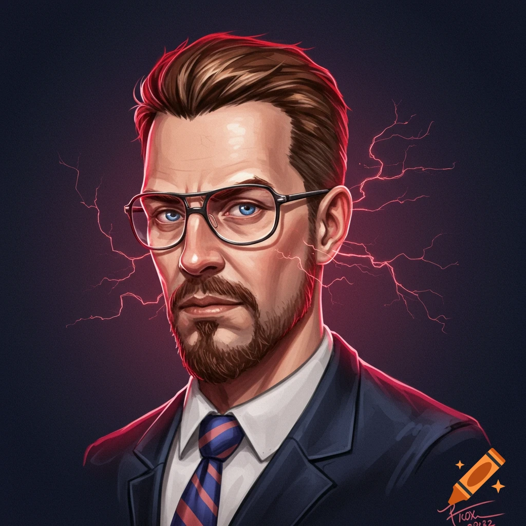 Portrait of a man in a suit and glasses with red lightning around his head.