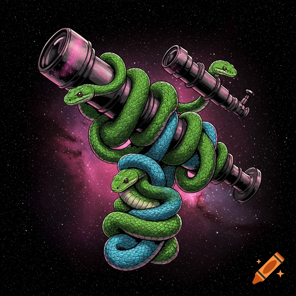 Digital illustration of green and blue snakes wrapped around a telescope in space.