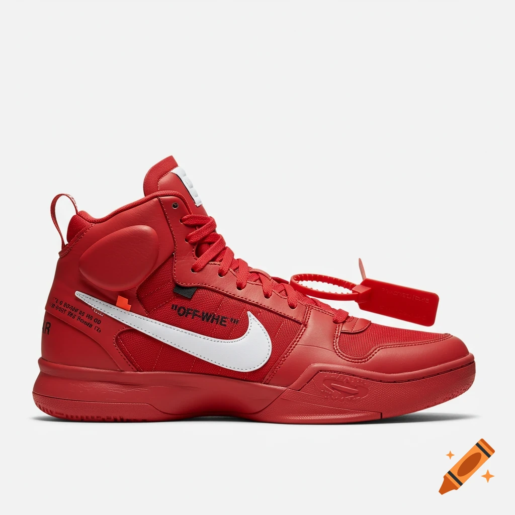 A red high-top sneaker with a white swoosh on a light background.