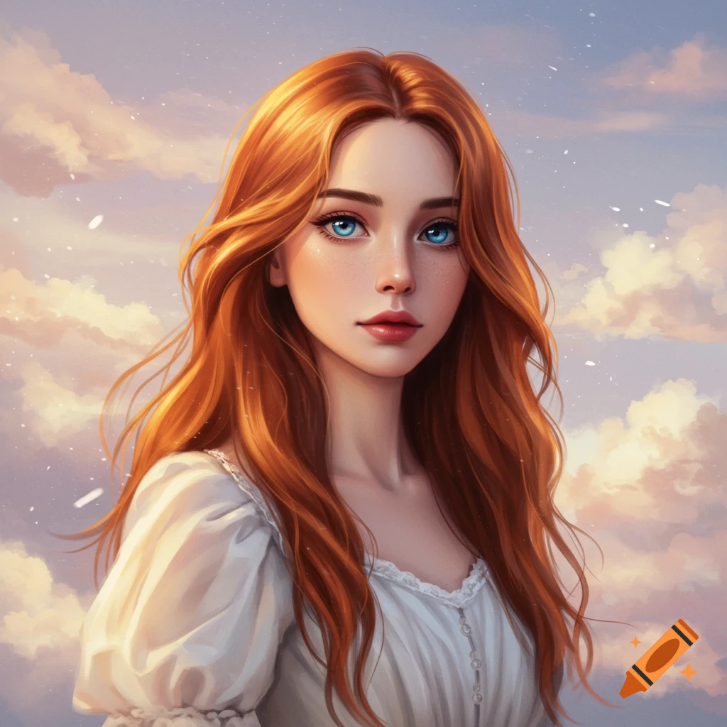 A young woman with red hair and blue eyes stands against a cloudy sky.