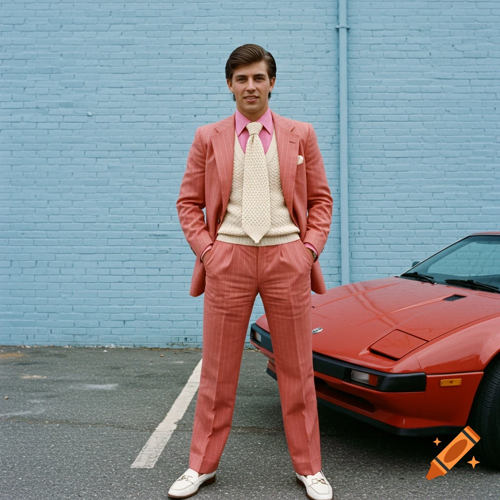 A man in a pink pinstripe suit stands by a red 1980s sports car against a blue brick wall.