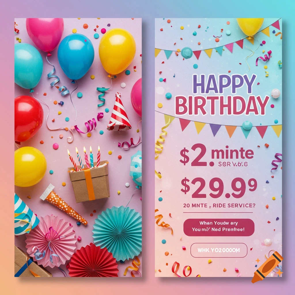 A birthday poster template with balloons, confetti, candles, party hats, ribbons, and paper decorations. It includes text like 'HAPPY BIRTHDAY' and '$29.99'.