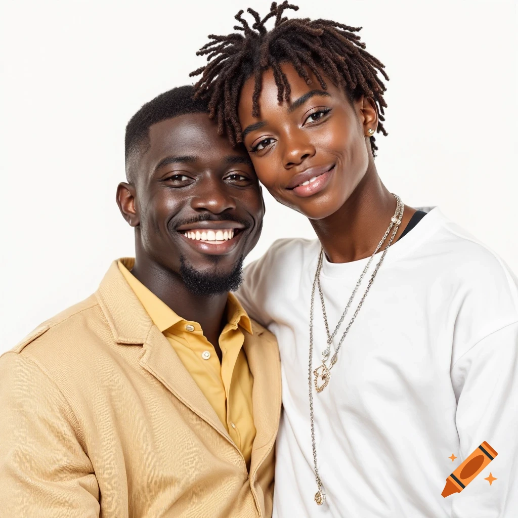 Close-up photorealistic portrait of a smiling Black man and woman posing together.