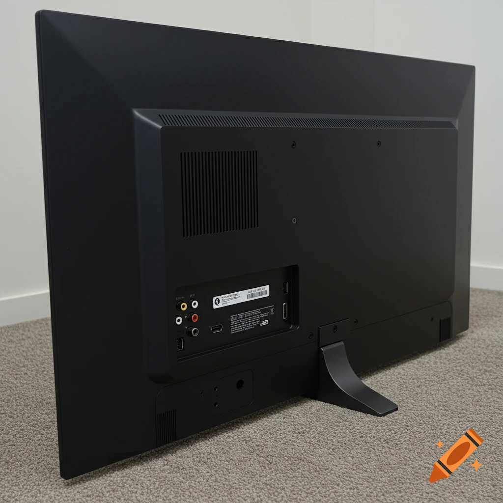 Back of a black television with ports and stand on a carpet floor.