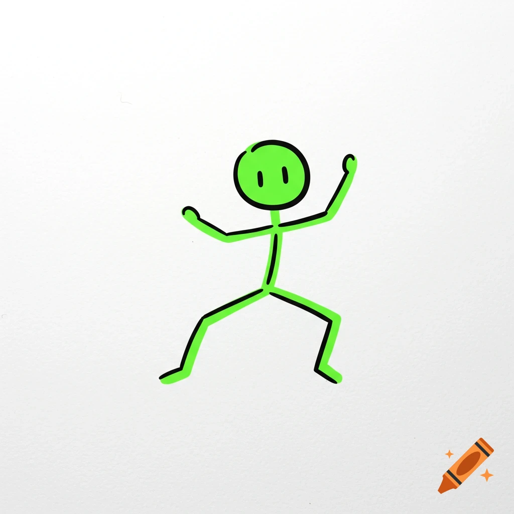 A green stick figure character with arms raised on a white background.