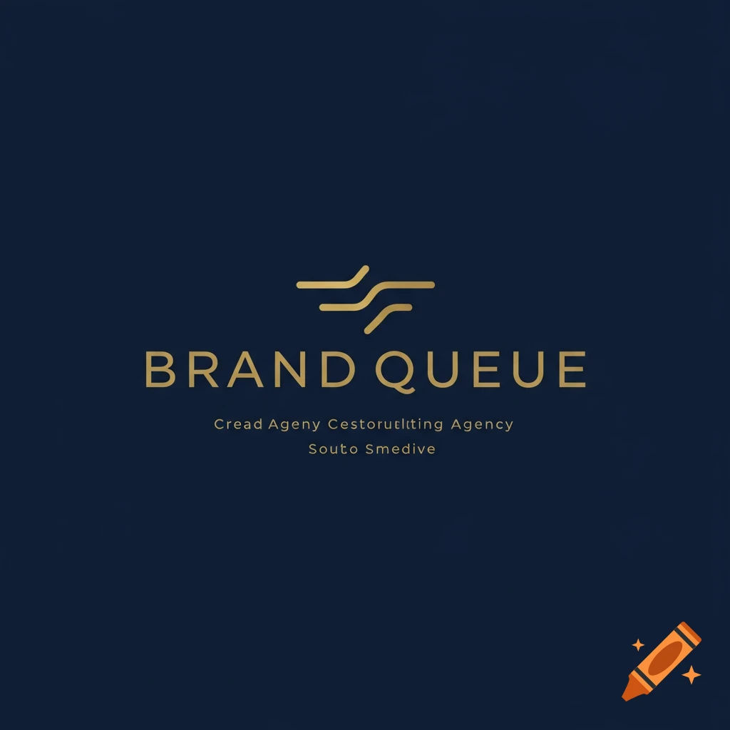 Gold logo with abstract lines and text BRAND QUEUE on dark blue background.