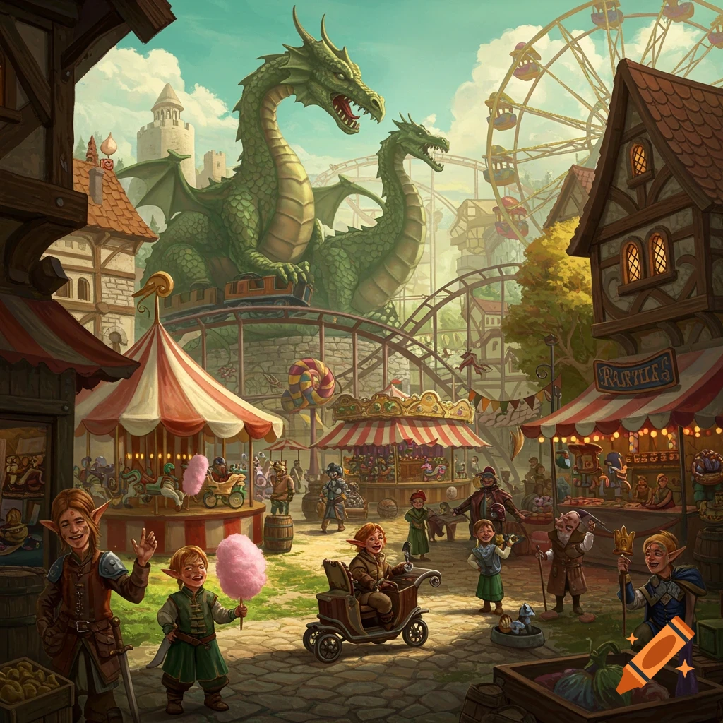 Fantasy amusement park with large green dragons, a Ferris wheel, carousel, and market stalls, populated by fantasy characters like elves and dwarves.