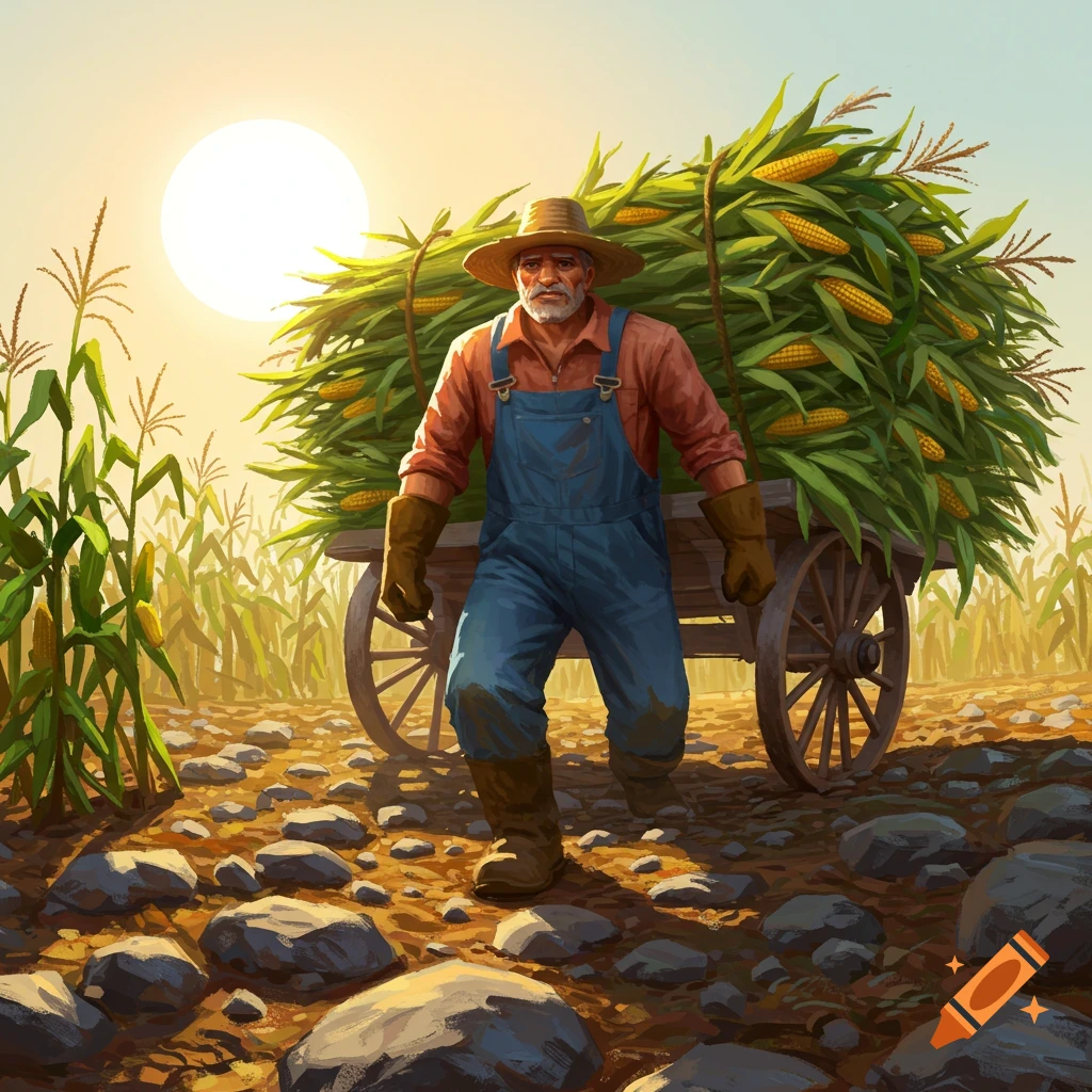 A farmer pulling a cart piled high with cornstalks through a rocky field under a bright sun.