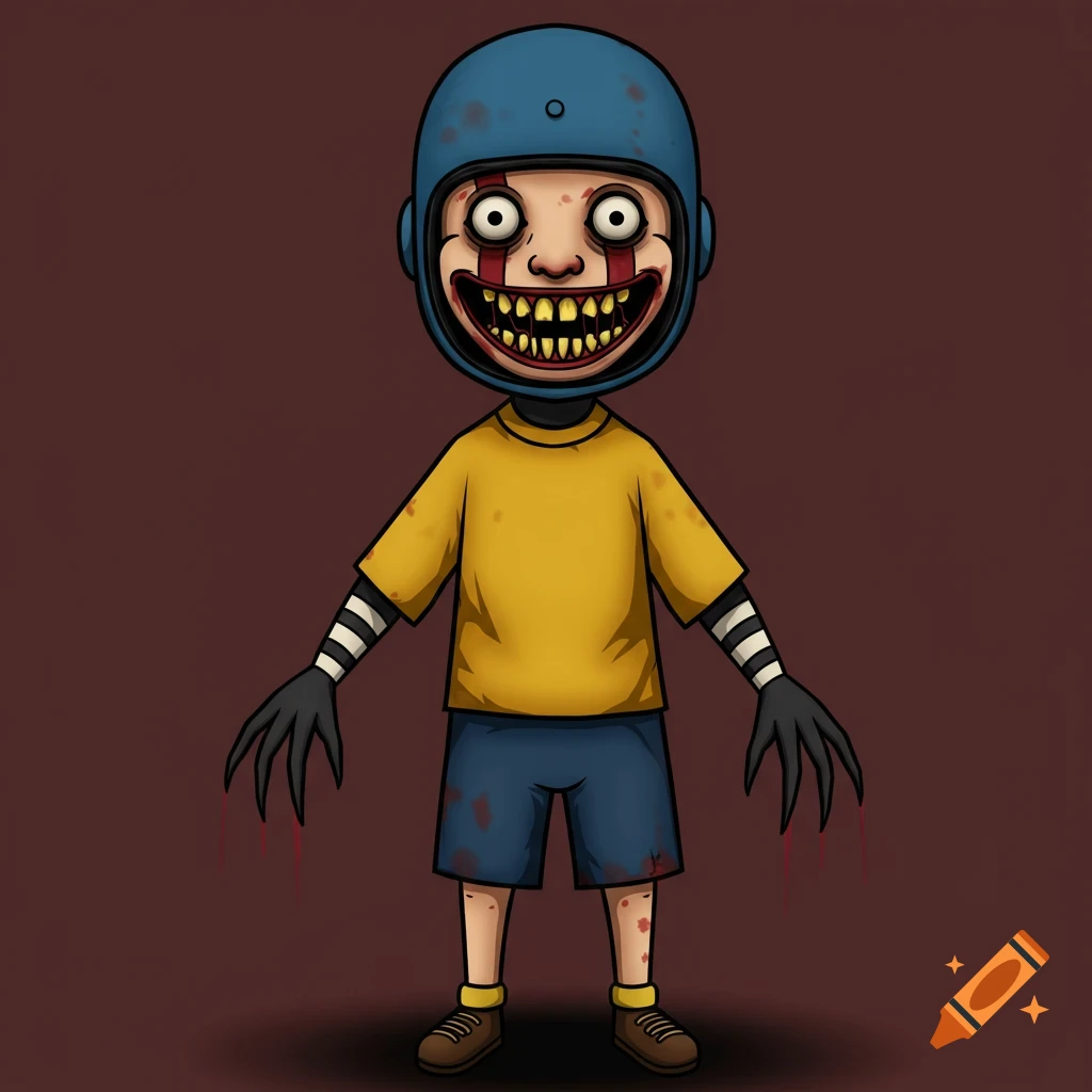 Illustration of a creepy puppet in a blue helmet and yellow shirt with blood on its clawed hands, rotting teeth, and unsettling eyes.