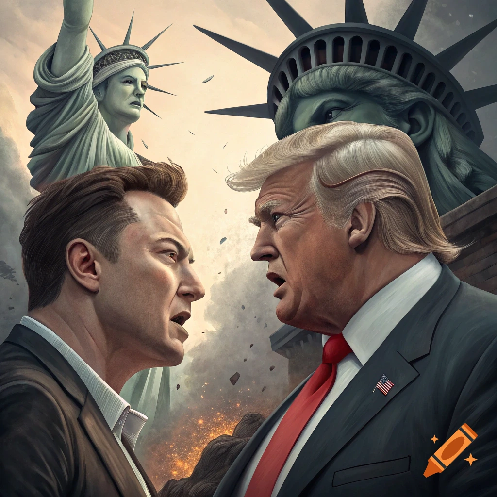 Illustrative depiction of Elon Musk and Donald Trump facing off, with the Statue of Liberty in the background amidst destruction.