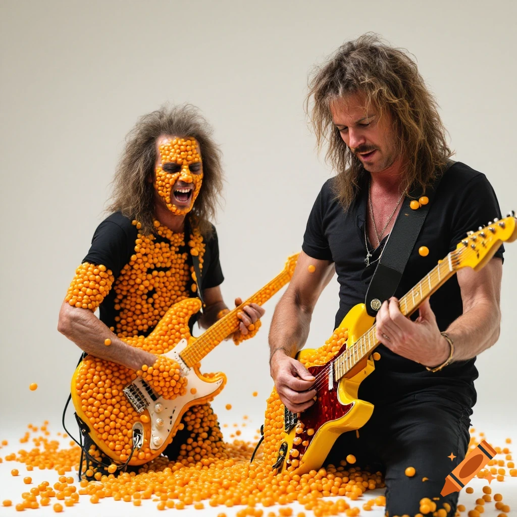 Two men covered in orange spheres play guitars, one yelling, the other focused on his instrument.