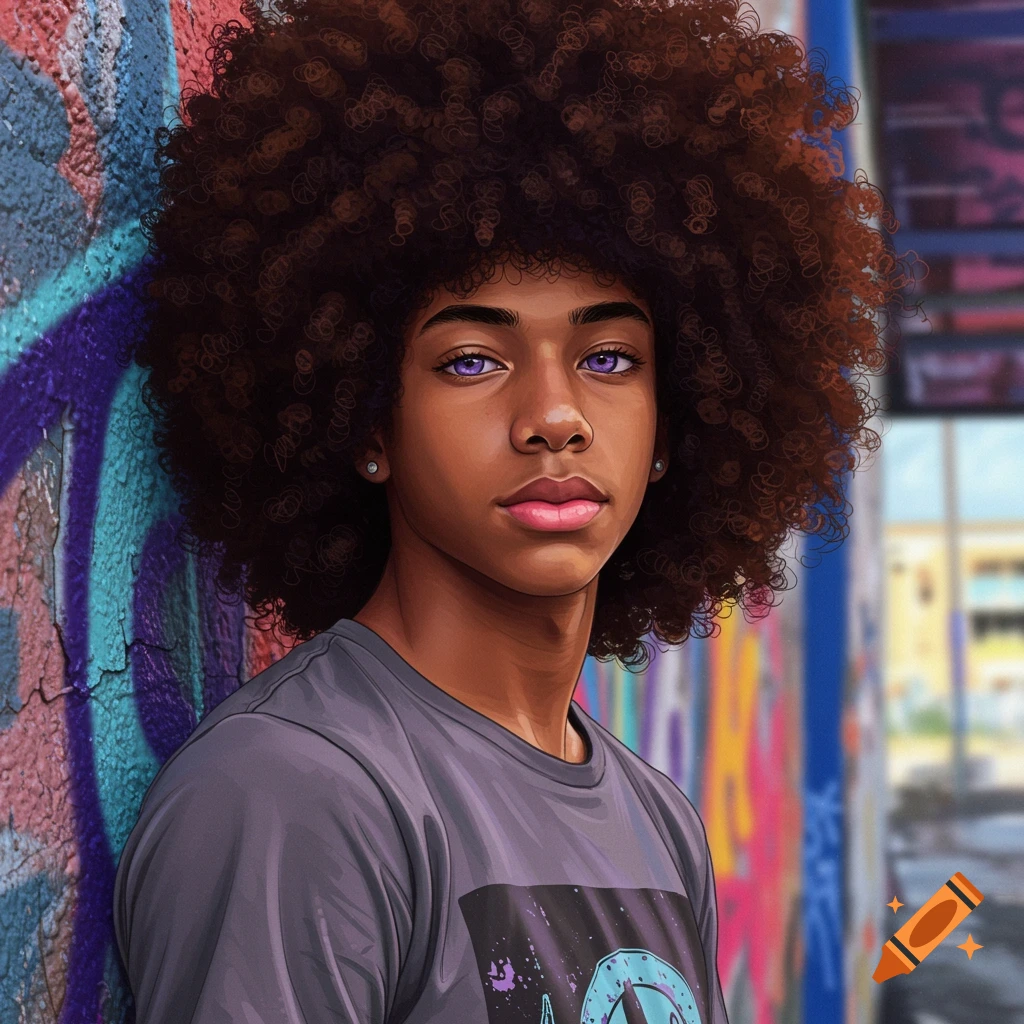 A young person with afro and lavender eyes leans against a graffiti wall.