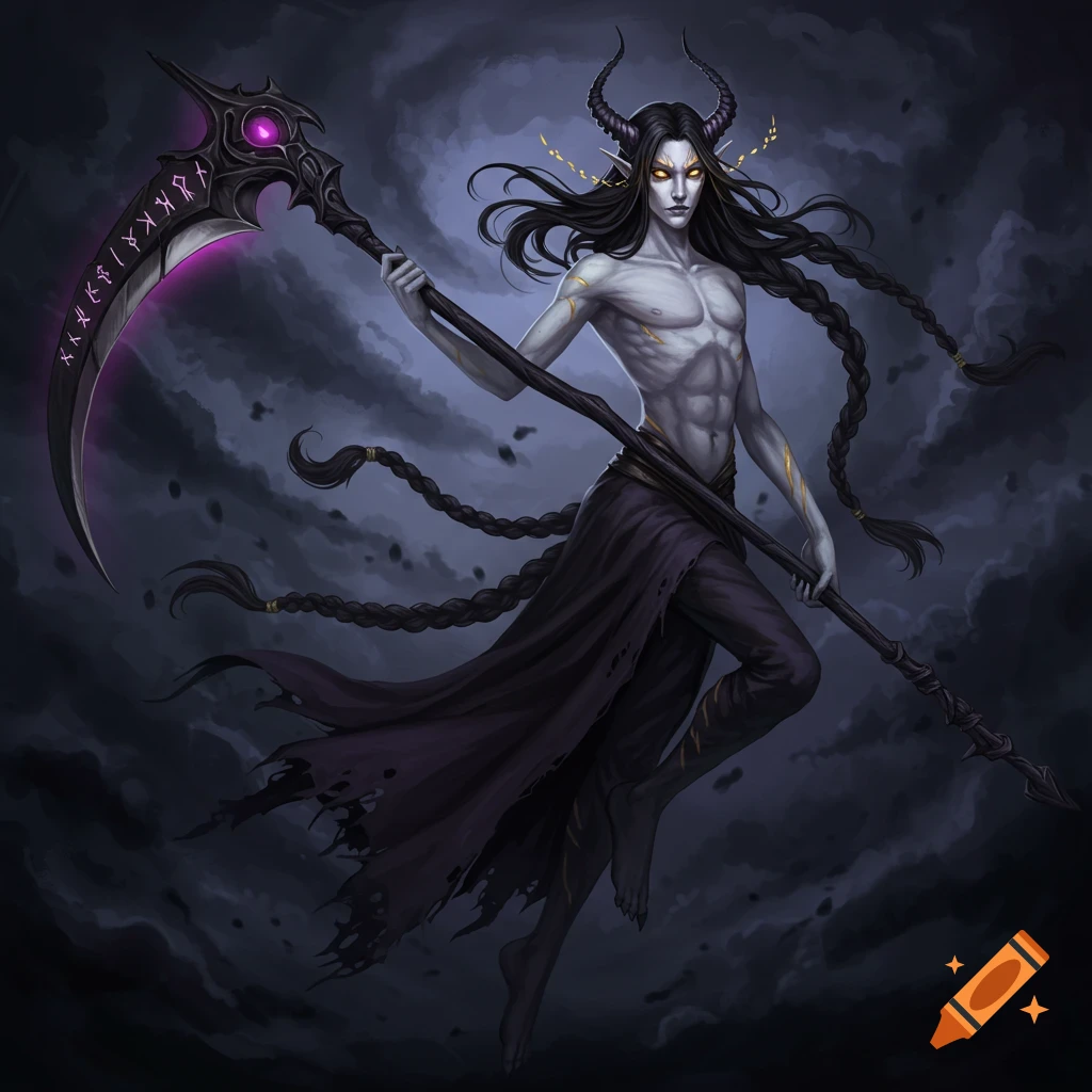 A bare-chested horned figure with long dark hair and golden eyes holds a large scythe against a dark, cloudy background.