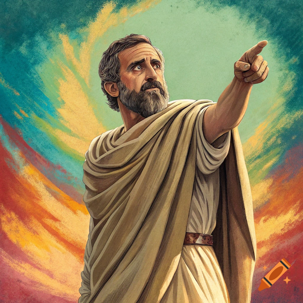 Illustration of a man in ancient robes pointing, with a colorful swirling background.