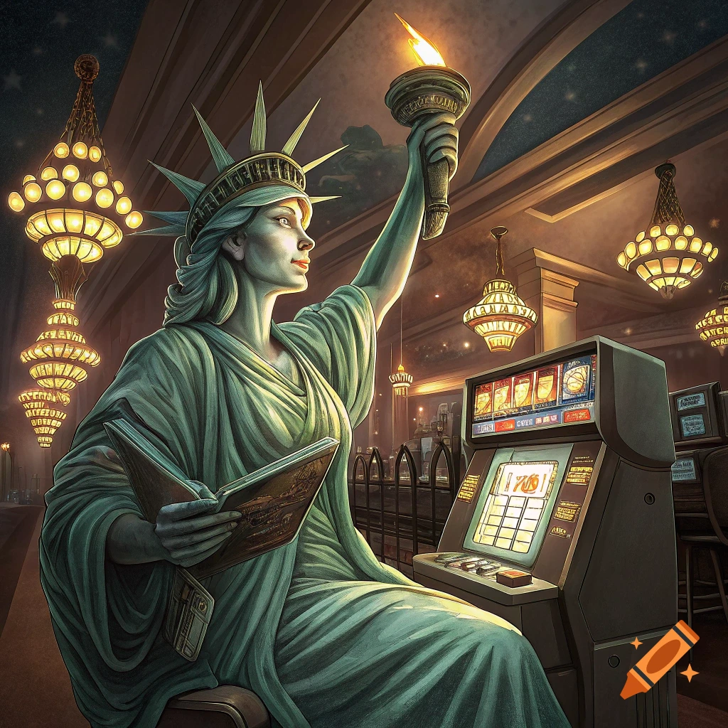 Statue of Liberty sits and plays a slot machine in a grand room.