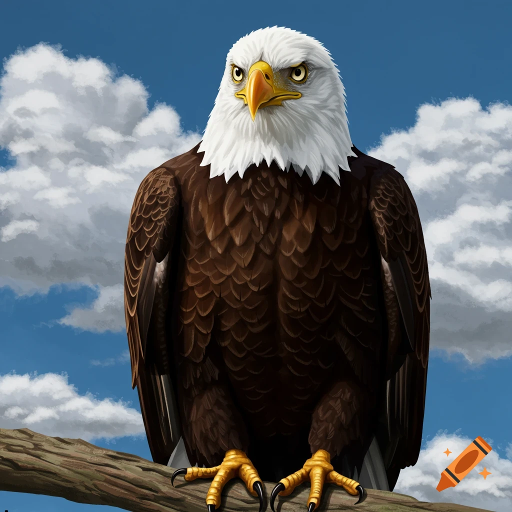 A bald eagle perched on a branch against a cloudy blue sky.