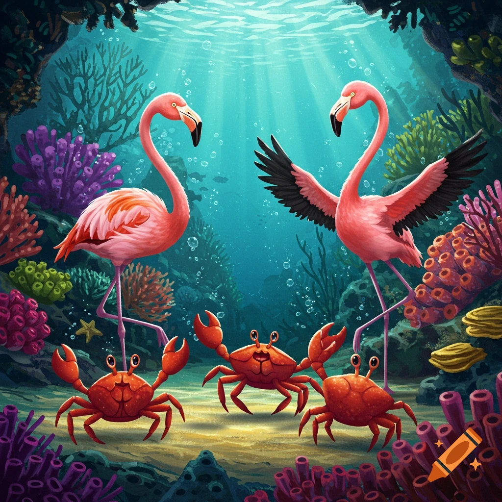 A whimsical underwater scene depicts flamingos and crabs dancing amongst vibrant coral reefs.