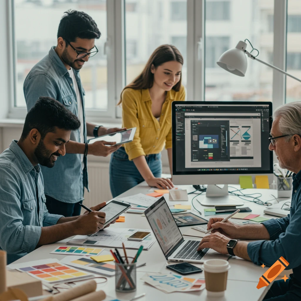 A team of diverse professionals collaborate around a desk in a bright office, looking at screens displaying design and development work.