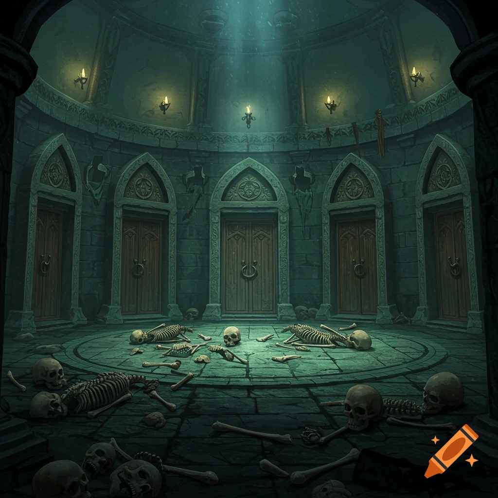 Dark fantasy chamber with doors, skeletons, and bones scattered on the floor.