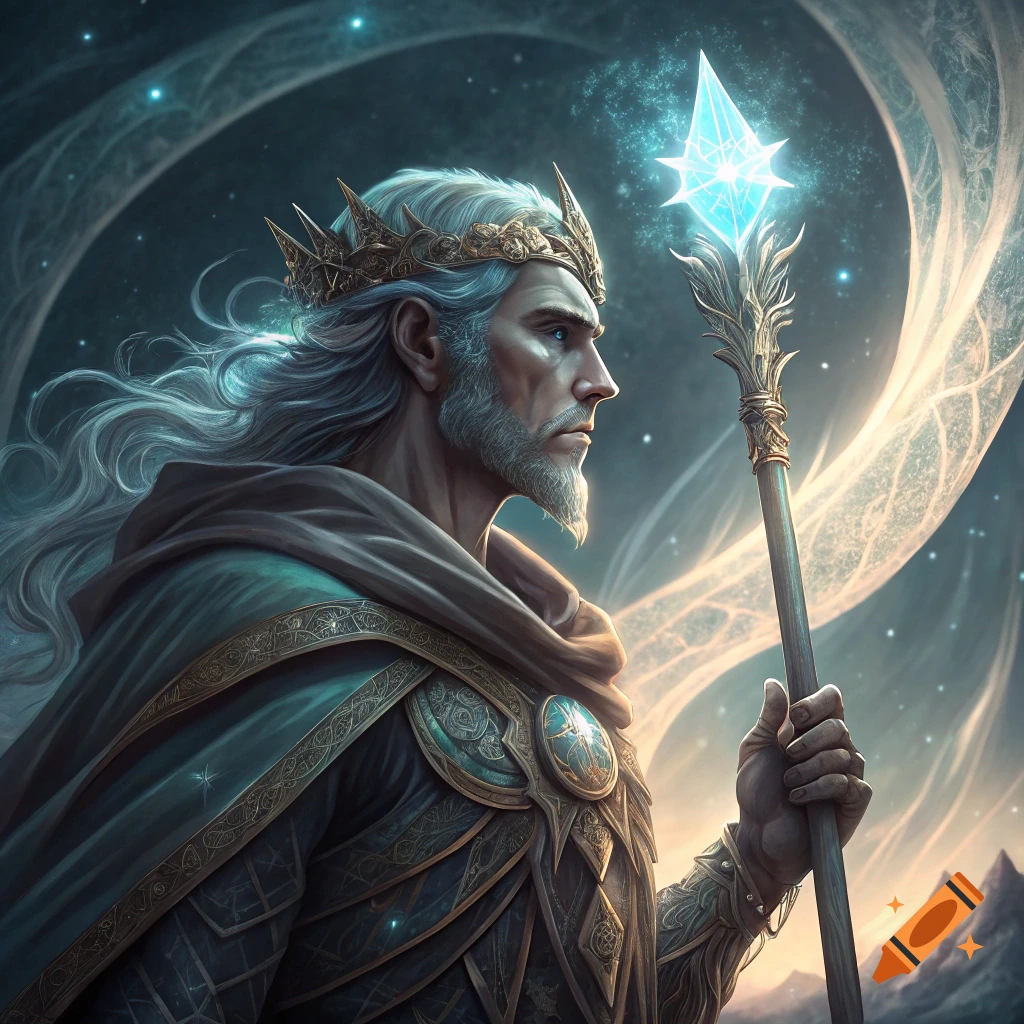 A fantasy god of time with white hair and beard, wearing a crown and armor, holding a glowing crystal spear against a cosmic background.