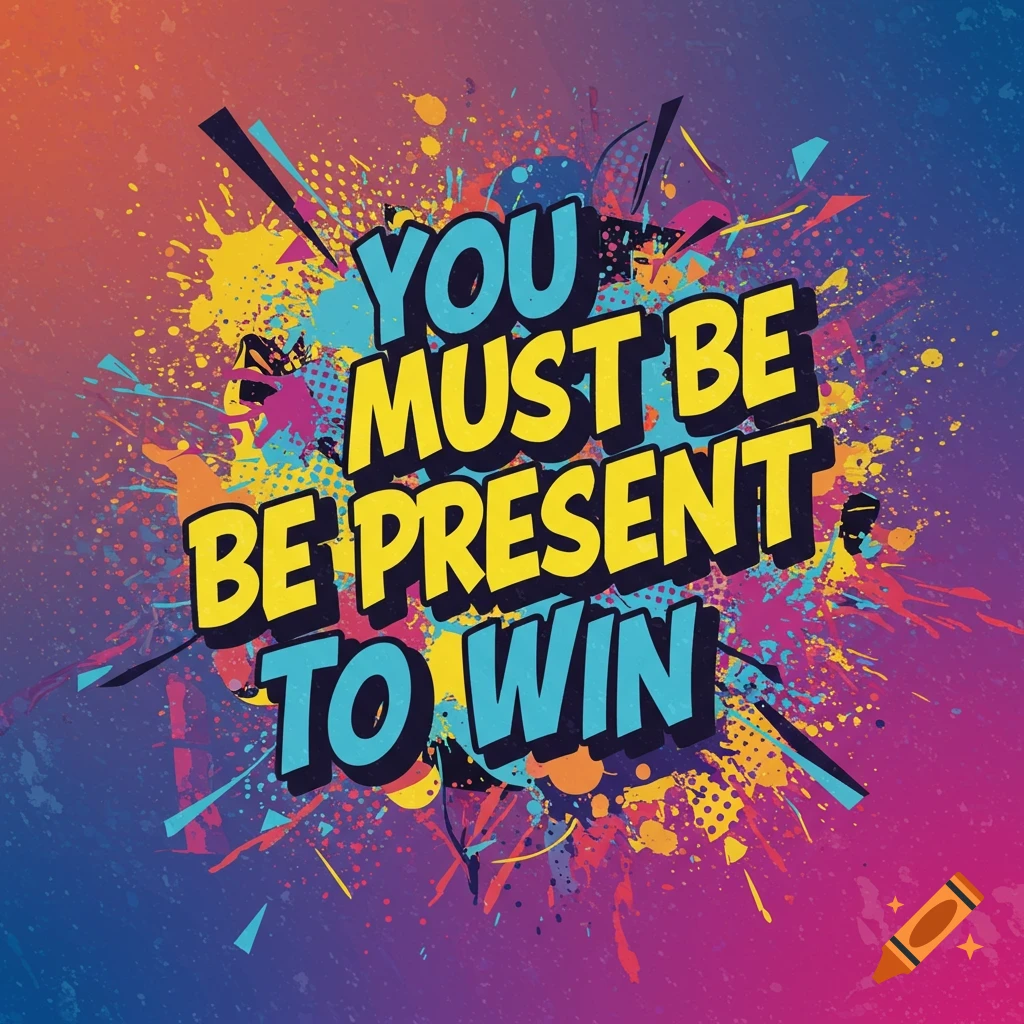 Colorful graphic design quote 'You must be present to win' with paint splatter background.