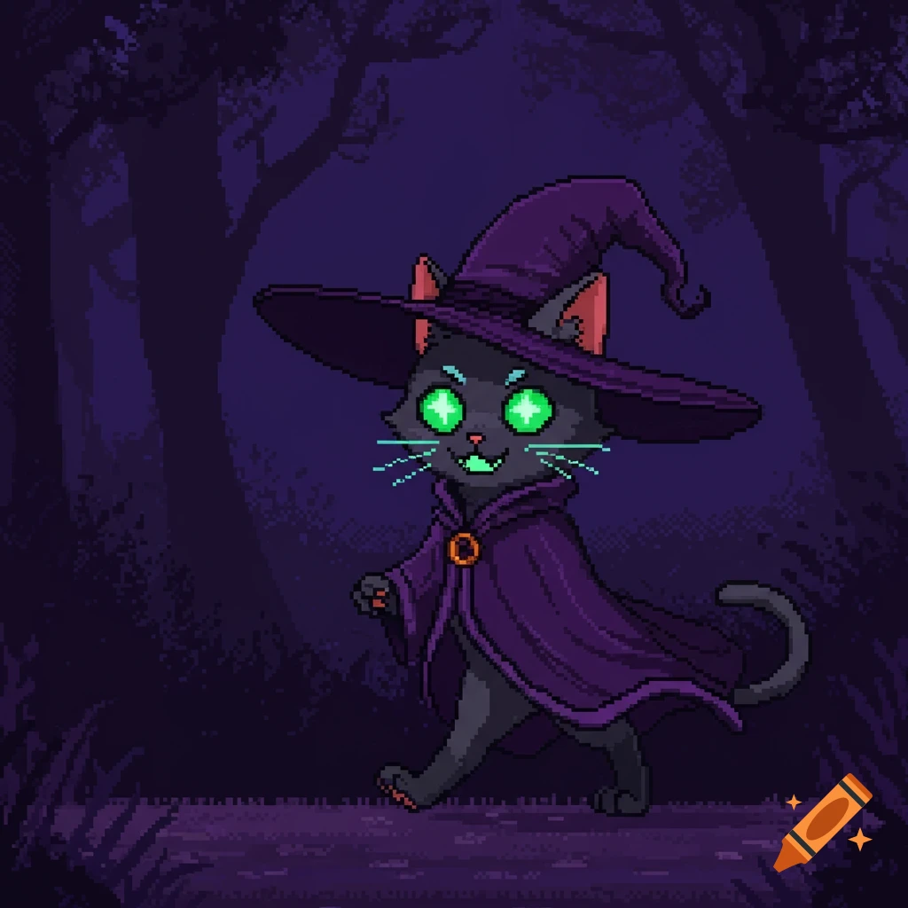 A pixel art cartoon cat wearing a witch hat and cape walks through a dark forest.